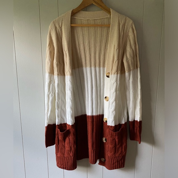 Knit color blocked long cardigan. Size medium - Picture 1 of 4